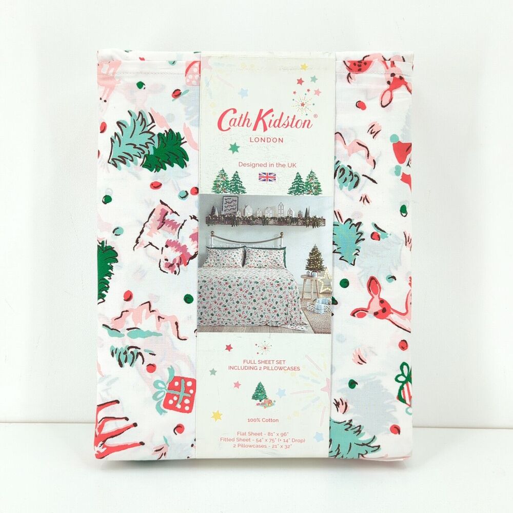 Cath Kidston Full Sheet Set Ditsy Deer Pink White Christmas Flat Fitted Pillows
